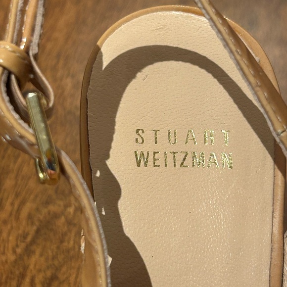 Stuart Weitzman Riveria Tan Patent Leather Peep Toe Wedge - Picture 4 of 12